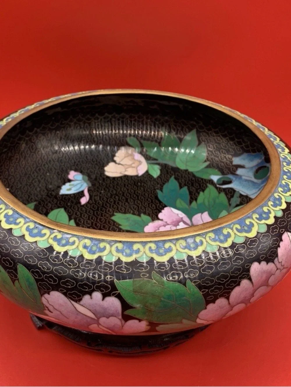 Vintage Chinese Cloisonné Champlevé Floral Bowl With Wooden Stand Beautiful 9”
